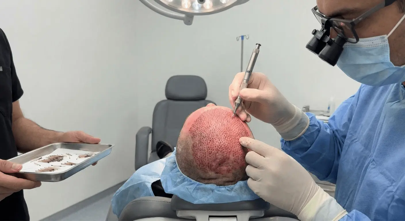 Maximus Clinic doktoru, DHI saç ekimi tekniğinde Choi implanter kalemi (Choi pen) kullanarak saç köklerini doğrudan ekiyor.