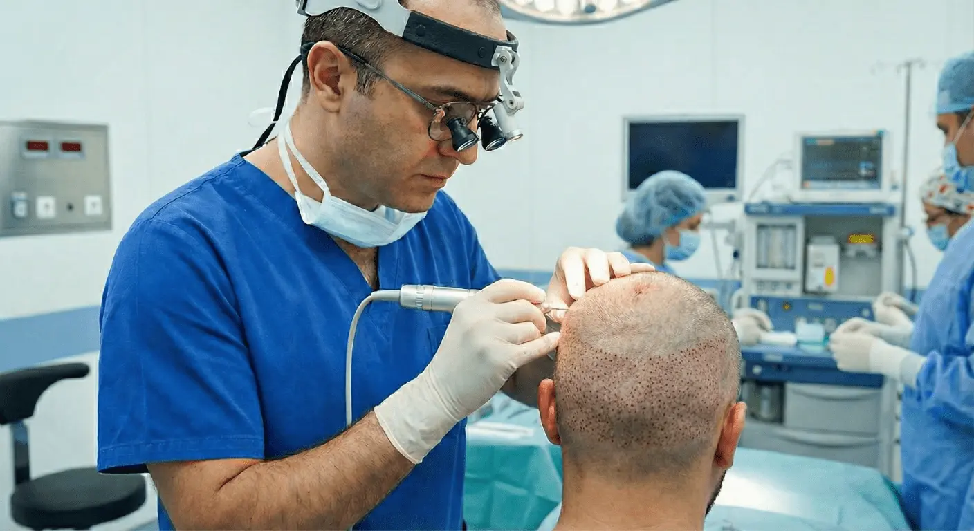 Maximus Clinic doktoru, FUE yöntemiyle saç ekimi operasyonu sırasında donör alandan saç kökü çıkarıyor.