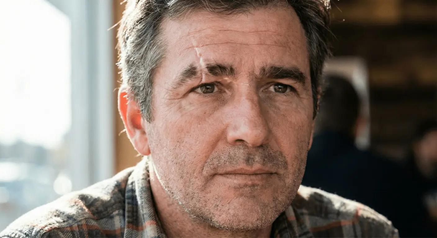 Sağ kaşının üzerindeki yara izi dokusu nedeniyle belirgin bir kaş kaybı ve boşluk oluşmuş orta yaşlı bir erkeğin yakın plan yüz fotoğrafı.